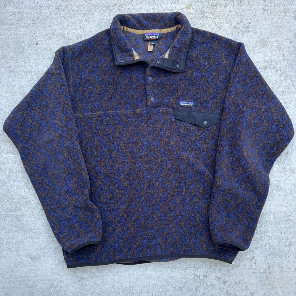 Patagonia Synchilla Snap-T Fleece Pullover Large Blue Brown Aztec Tribal Vintage